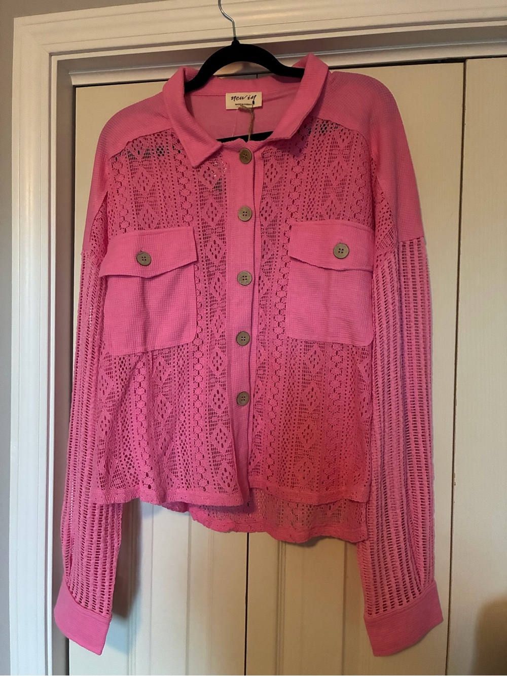 Very J Pink Open-Knit Button Front Shirt Jacket